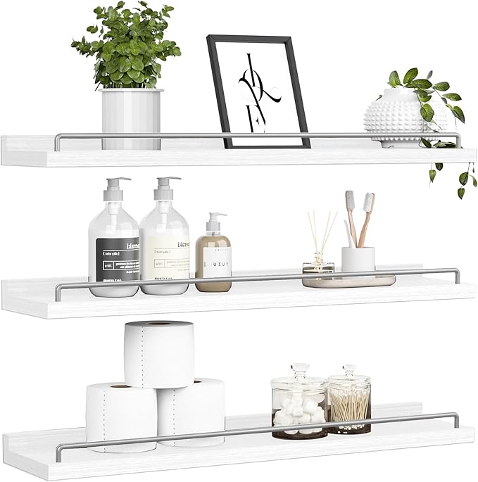 RYOFOBETTO 32 inches Long Floating Shelves, Bathroom Decor Shelves Over Toilet, Farmhouse Wall Shelves for Living Room, Bedroom, Picture Frames, Plants, Kitchen, Set of 3 (White and Grey)