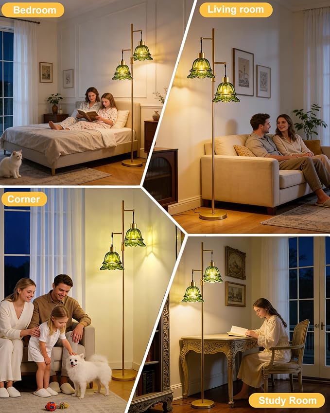 Lightdot 65IN Gold Flower Floor Lamp for Living Room, 2- Light Dimmable Floor Lamps with Green Glass Lampshade, 3000K Warm White Modern Standing Tall Lamp with 5Lbs Heavy Base for Bedroom Sofa Beside