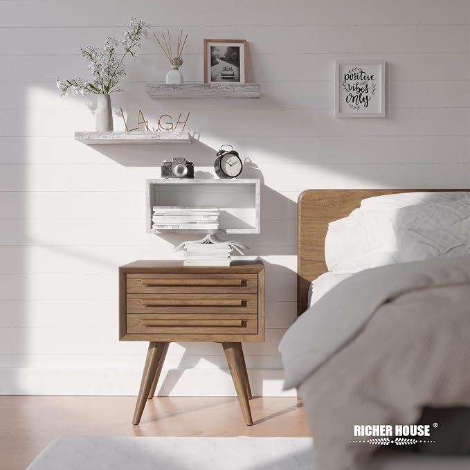 RICHER HOUSE Floating Shelves Set of 3, Farmhouse Bathroom Wall Mounted Shelves with Invisible Brackets Over Toilet, Wall Shelves for Bathroom Bedroom, Living Room, Kitchen - Rustic White