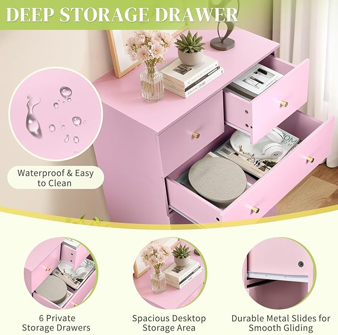 Karl home Pink 6 Drawer Dresser for Bedroom, Tall Dresser Chest of Drawers, Rustic Wood Bedroom Dressers Clothes Organizer, Anti-Tipping Device, Rose Gold Metal Handle, Living Room, Entryway, Office