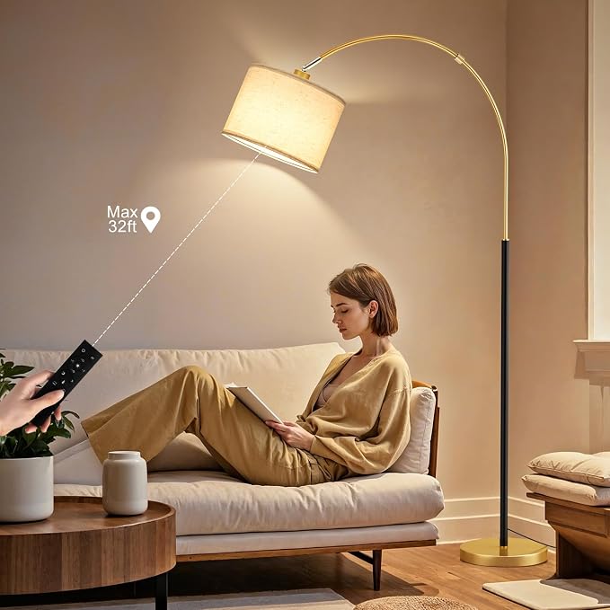 Ambimall Dimmable Arc Floor Lamp with Remote, Color Temperatures and Brightness Adjustable, Arched Floor Lamp with Rotating Head, Over Couch Arched Reading Light for Living Room (Black and Gold)