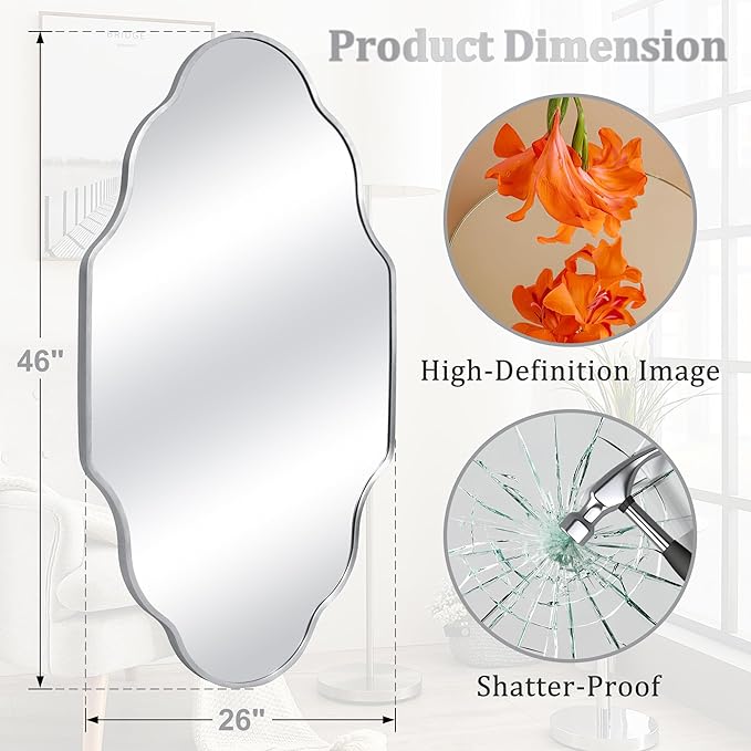Scalloped Mirror for Bathroom - 26"x46" Silver Bathroom Mirror with Aviation Aluminum Alloy Frame & Shatter-Proof Glass for Living Room Bedroom Entryway, Brushed Silver Frame(x1)