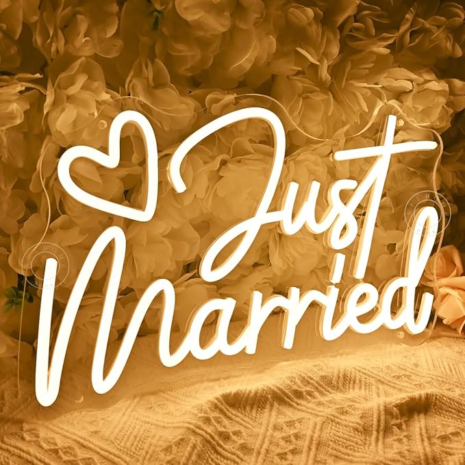 SYLHOME Just Married Led Neon Light Sign Heart Wedding Bridal Shower Backdrop Bedroom Wall Sign Decor Engagement Proposal Party Light Up Sign 15.75" X 9.25" USB
