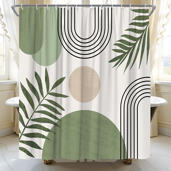 Mid Century Modern Shower Curtain Boho Sage Green Abstract Retro Aesthetic Fabric for Bathroom Decor Bathtub with Hooks (70" WX74.8 H)
