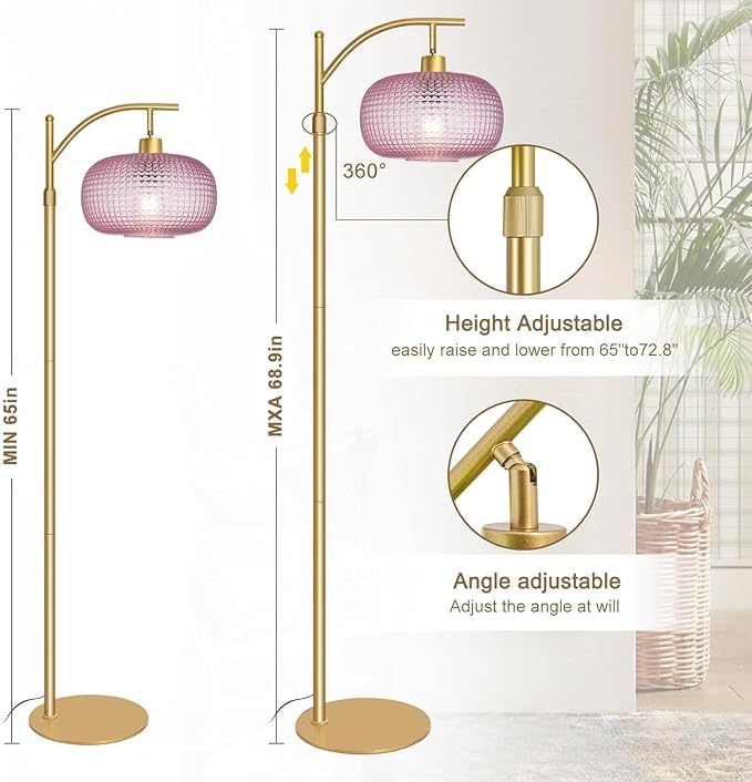 Pink Glass Floor Lamp for Living Room,Bedroom,Gold Dimmable Standing Lamp with Remote,Mid Century Modern Brass Tall Lamp Boho Floor Lamps Arc Stained Glass Flower Floor Light Lamp Girls kids Bohemian