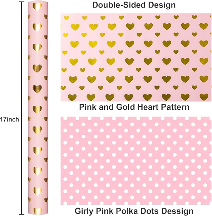 Yarcony Pink Wedding Wrapping Paper, Gold Heart Gift Wrapping Paper, Reversible Love-Themed Girl Gift Wrap for Anniversary Birthday Valentine's Day Mother's Day Christmas(17 Inch X 33 Feet)