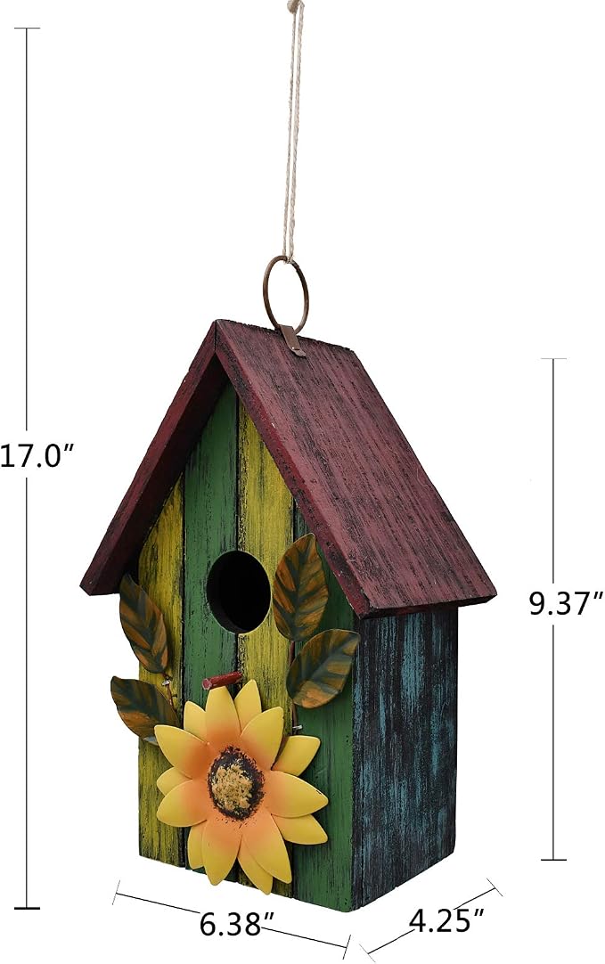 Attraction Design Rustic Decorative Bird House for Outside, Outdoor Hanging Wood Hand-Painted Bird House with Sunflower Decor, Wooden Hanging Garden Birdhouse Porch Yard Decor 9.37"X6.38"X4.25" (Red)