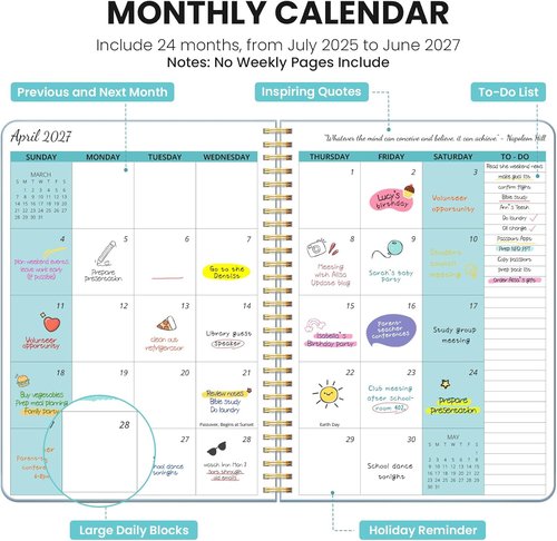 Monthly Planner 2025-2027 | 2-Year Calendar with 24 Months | 7" x 10" | Ideal for School, Office, Home - Blue