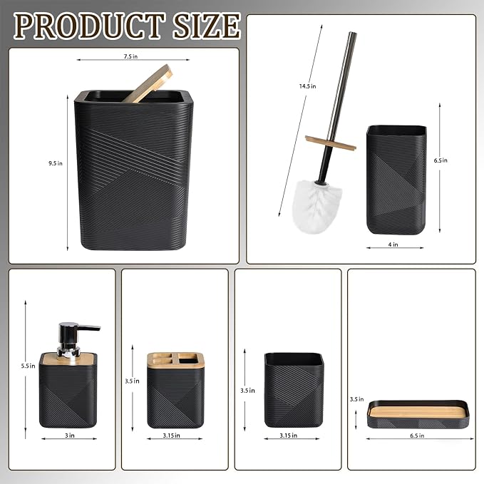CERBIOR Bathroom Accessories Set 6 Piece Bamboo Bath Ensemble Includes Soap Dispenser, Toothbrush Holder, Toothbrush Cup, Soap Dish for Decorative Countertop and Housewarming Gift (Black)