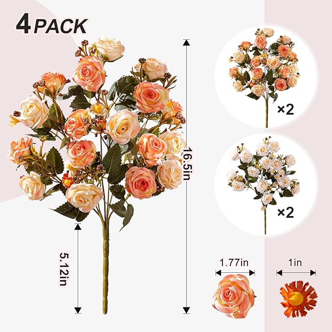Artificial Rose Flowers for Outdoor 4 Bundles Rose Bouquet with Daisy Faux Flowers UV Resistant for Home Indoor Outside Garden Porch Window Box Balcony Yard Porch Decor (White+Orange)