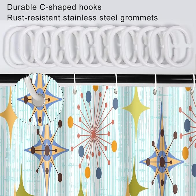 Mid Century Shower Curtain, 60x72inch, Modern Abstract Retro Blue Striped Geometric Shower Curtain Sets 1950s Boho Bathroom Shower Curtain with 10 Hooks