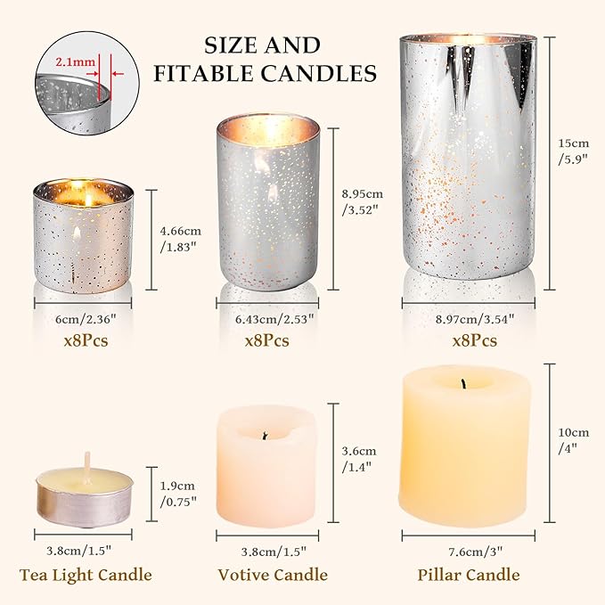 CHILL RECIPE Silver Cylinder Vases Glass Candle Holders Bulk, Mercury Hurricane Candle Holder Small Flower Vases for Centerpieces Tea Light Pillar Votive Candles Wedding Decor Party (8 Set 24Pcs)