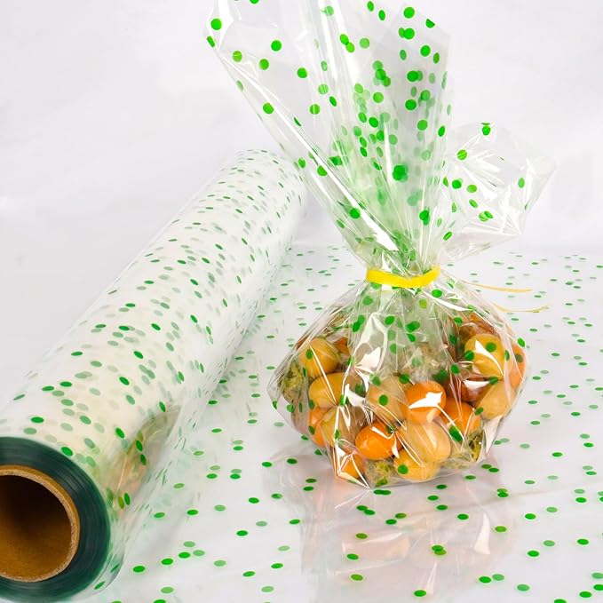 CMFYHM Clear Cellophane Wrap Roll (34" x 100’Ft) Green Polka Dot Cellophane, Transparent Cellophane Roll for Treats, Gifts, Baskets, Flowers, Birthday Party,Easter, Christmas Decorations