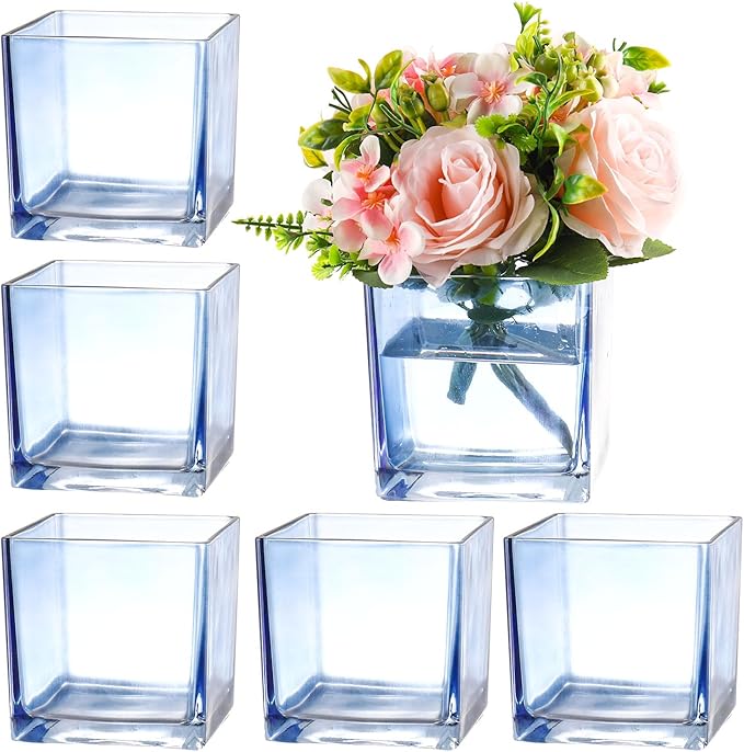 Square Blue Glass Vases Set of 6, 5" x 5" x 5" Flower Vases for Centerpieces, Square Vase for Centerpieces, Small Vase for Wedding, Party, Home Office Decoration