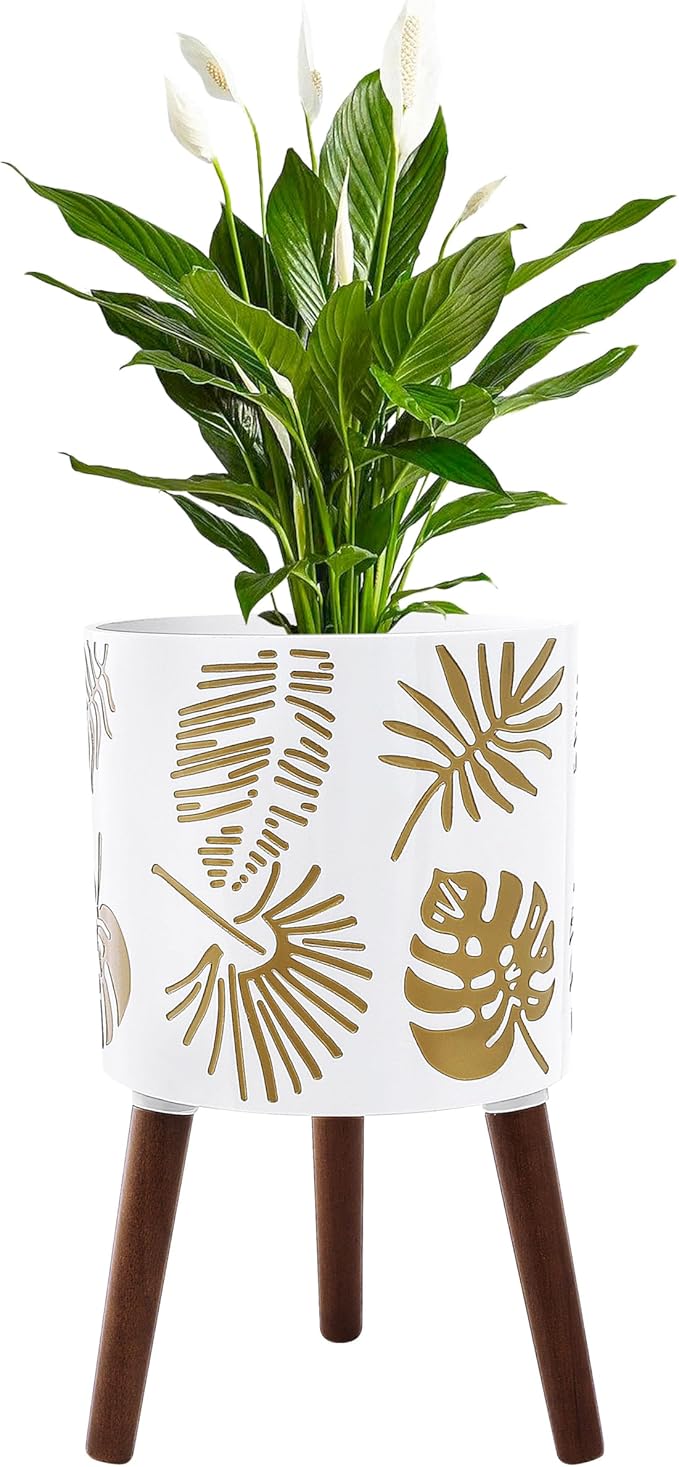 12 Inch Planter, Plant with Stand, Large Planters for Indoor Plants,Flower Pot with Drainage Holes for Outdoor,White and Gold