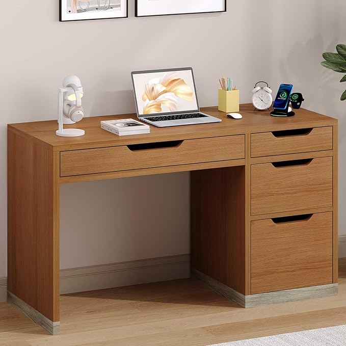 Small Desk with Drawers, 52 Inch Computer Desk with Storage, Home Office Desk with Filing Table for Bedroom, Brown