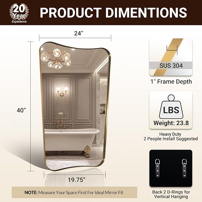 ANDY STAR 24x40 Inch Mirror, Brushed Gold Bathroom Mirror for Over Sink, Large Decorative Wall Mirror with Stainless Steel Frame, Anti-Rust, Italian Luxury Style Home Decor