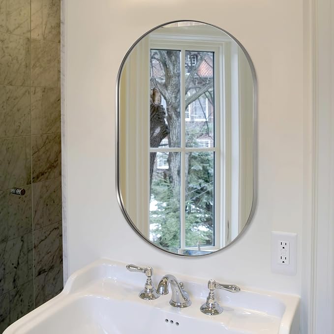 ANDY STAR Brushed Nickel Oval Bathroom Mirror, 24x36 Nickel Pill-Shaped Mirror, Oval Mirrors Wall-Mounted Mirror Vertical/Horizontal