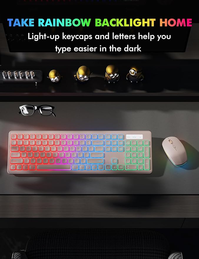 Wireless Keyboard and Mouse Combo, RGB Backlit, Rechargeable & Light Up Letters, Full-Size, Soft Typing, Sleep Mode, 2.4GHz Quiet Keyboard Set for Mac, Windows, Laptop, PC, Trueque (Pink)