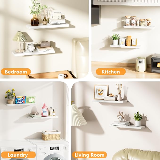 Solid Wood Live Edge Floating Shelves Set of 2 – 24" Rustic Wall Shelf with Hidden Bracket System, Wall Mounted Shelves for Bathroom, Kitchen, Living Room, Bedroom (White)