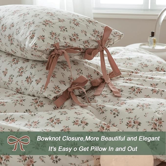 Pink White Duvet Cover Set Full 3 Pieces Blush Pink Flower Duvet Cover with 2 Bow Ties Pillowcases,Cottagecore Bedding Set 100% Cotton Vintage Country Comforter Cover without Filling-80"x90"