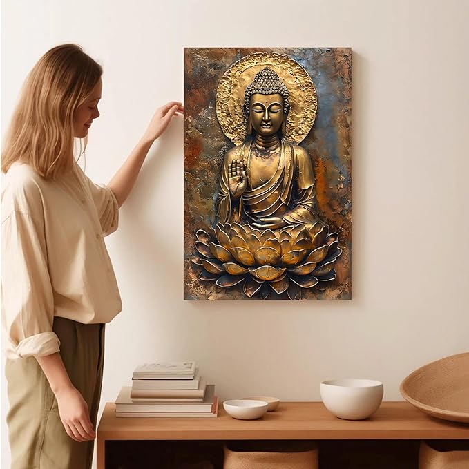 Buddha Wall Art Golden Buddha in Lotus Seat Serene spiritual statue radiant aura Meditation and mindfulness wall art suitable for sacred spaces 16x24in Frameless