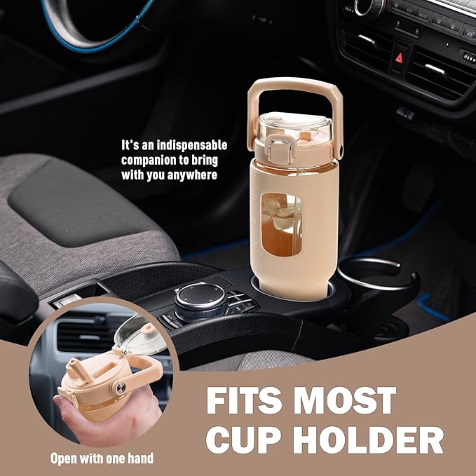 BLUEGO 40oz Glass Tumbler with Lid and Straw, Glass Water Bottles with Handle, Glass Cup with Time Marker and Silicone Sleeve, Fits Most Cup Holder, Leak-proof, Amber