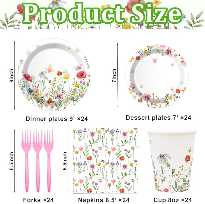 Wildflower Party Plates and Napkins supplies, Floral Paper Plates Wildflower Baby ShowerDecorations Tableware for Spring Summer Pinic Wedding Birthday Tea Party Service 24 Guests