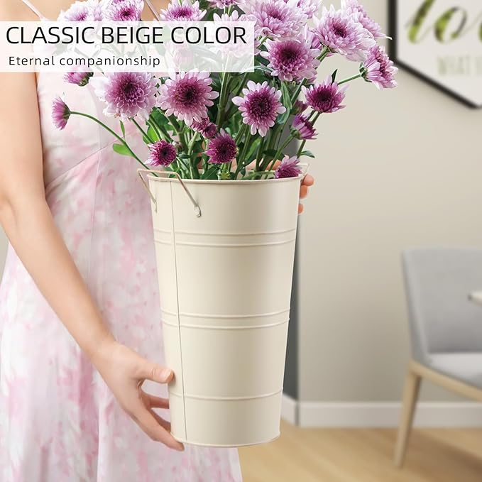 Notakia 12 Inch Large Galvanized Metal Vases Farmhouse French Flower Bucket Vases for Cut Flowers for Home Decor and Wedding Table Centerpiece Decorations (Large Beige 8Pcs)