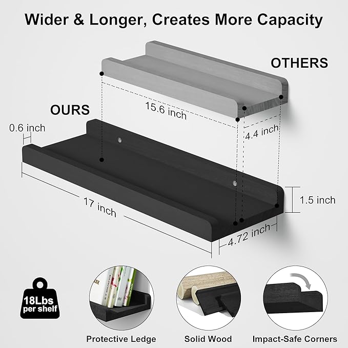 Love-KANKEI Floating Shelves Wall Mounted Set of 2, 17 Inch Rustic Wood Wall Shelves for for Storage, Bedroom Living Room Bathroom Kitchen Office and More Black
