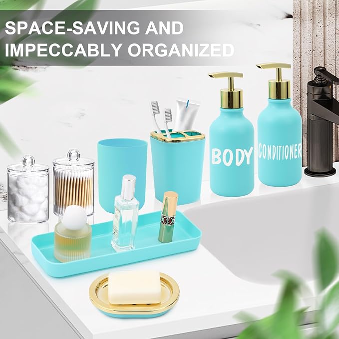 XLHOMO Teal Bathroom Accessories Set - 10 Piece Bathroom Accessory Set with Trash Can, Soap Dispenser, Soap Dish, Toothbrush Holder and Cup, Toilet Brush, Qtip Holder, Bathroom Decor Sets Complete