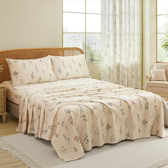 Cream Floral Sheets Set King Size 100% Cotton, 4 Pieces, Soft & Breathable Percale Weave Bedding, Deep Pocket 17.5", Crisp Cool Feeling, Durable, Perfect Cute Floral Bed Sheet