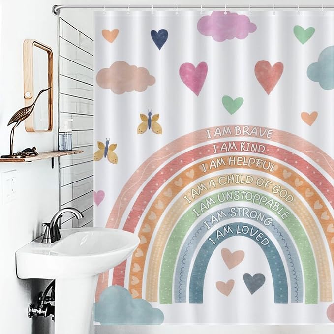 Pastel Rainbow Shower Curtain for Bathroom, Kids Girls Baby Boho Cute Inspirational Motivational Quotes Rainbow Colorful Waterproof Fabric Shower Curtain Set with Hooks, 72"x72" Inch