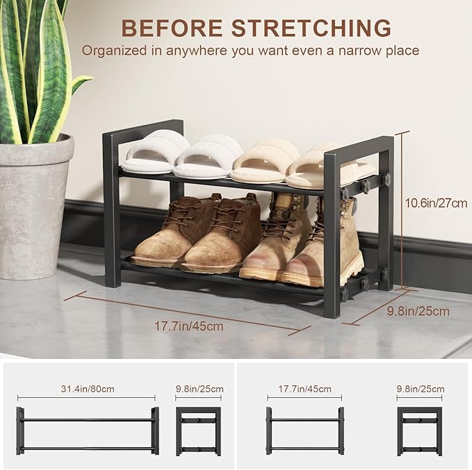 HDDTTZ 2-Tier Expandable Shoe Rack,Adjustable Shoe Shelf Storage Organizer Heavy Duty Metal Free Standing Shoe Rack for Entryway Closet Doorway (Black)