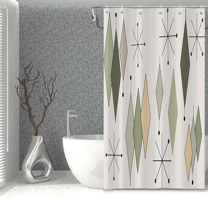 Boho Mid Century Shower Curtain Vintage Abstract Green Diamond Geometric Atomic Starburst Pattern for 1950s Retro Bathroom Decor Accessories Shower Curtain Set with 12 Hooks, 36x72 Inches