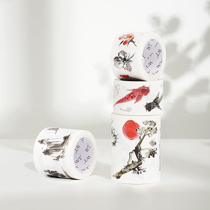 WT Ink Tranquility Washi Tape Sticker Set, 4 Rolls, Original Designs, Eastern Watercolor Koi Fish, Black & Red, Silver Foil Decorative Stickers for Bujo, Planner, Journals, DIY Crafts