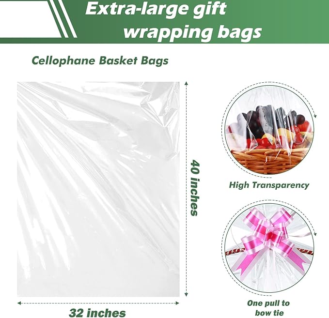 30 Packs 32 x 40 Inches Extra-large Gift Wrap Cellophane Bags for Basket Jumbo Clear Cellophane Wraps Clear Huge Cello Bags for Basket, Gift, Christmas Tree, Art and Craft, 30ct Rose Pink Ribbon Bows