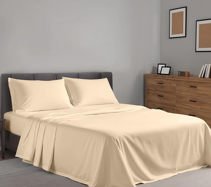 RUVANTI 100% Cotton King Size Sheets Set, 4 Pieces, Soft & Breathable Percale Weave Bedding, Deep Pocket 16", Hotel Standard, Crisp Cool Feel, Durable, Perfect Dyed Bed Sheet, Beige