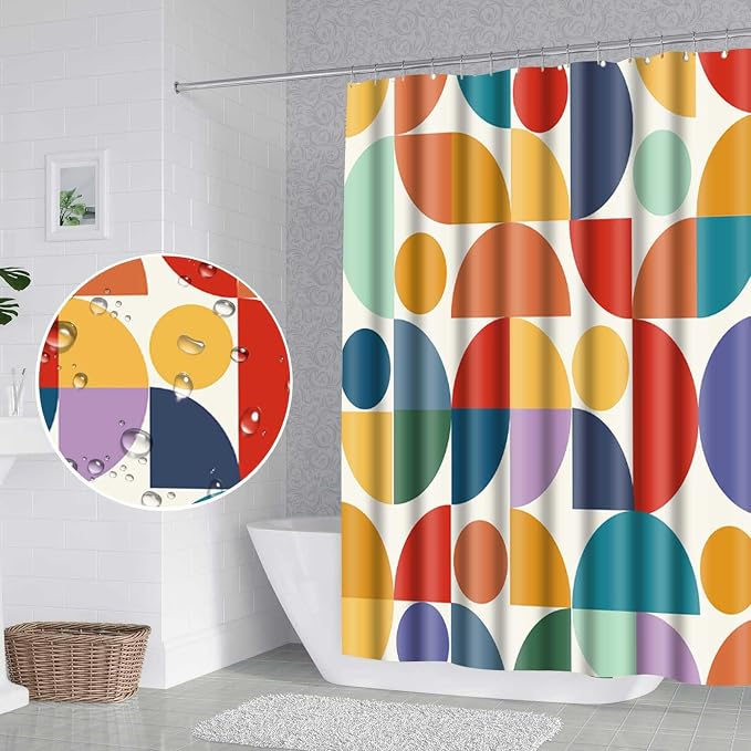 Vintage Colorful Rainbow Mid Century Shower Curtain Modern Abstract Geometric Art Bathroom Curtain Decor 72x96 Inch Washable Fabric Bright Retro Boho Circle Patterned Bath Curtain with 12 Hooks