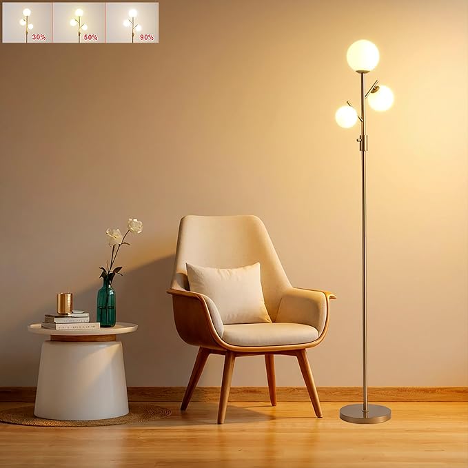 Fiqevs Mid Century Modern 3 Globe Tree Floor Lamp - Dimmable LED Standing Lamp with Bulbs, Warm Light for Living Room Bedroom Office - Antique Brass/Gold