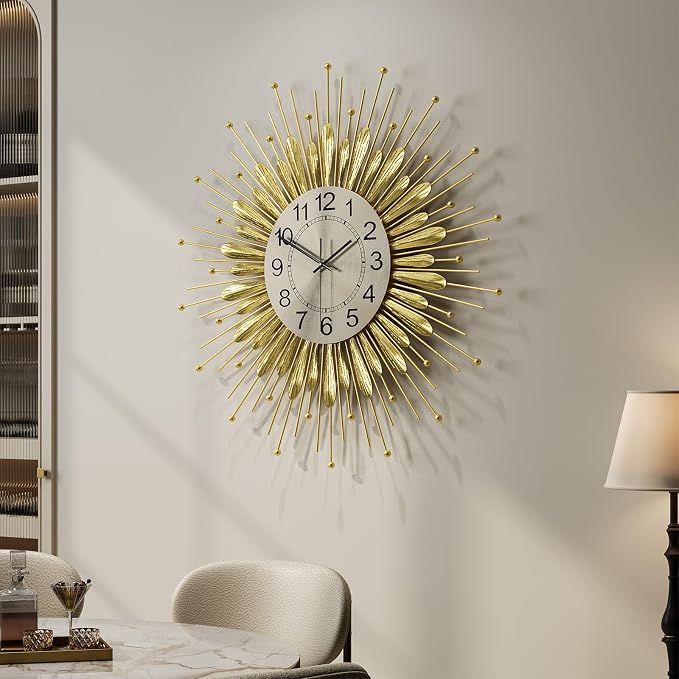 Cuspin Large Gold Wall Clock 30 Inch, Mid Century Modern Sunburst Decorative Design, Silent Non Ticking Battery Operated Metal Wall Clock, for Living Room, Dining Room, Bedroom, Office