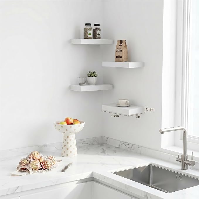 White Floating Shelves for Wall Set of 4, 11.8 Inch Small Wall Shelves for Bathroom Over Toilet, Kitchen & Bedroom Storage, Wall Mounted Shelf System for Decor, Books & Toiletries