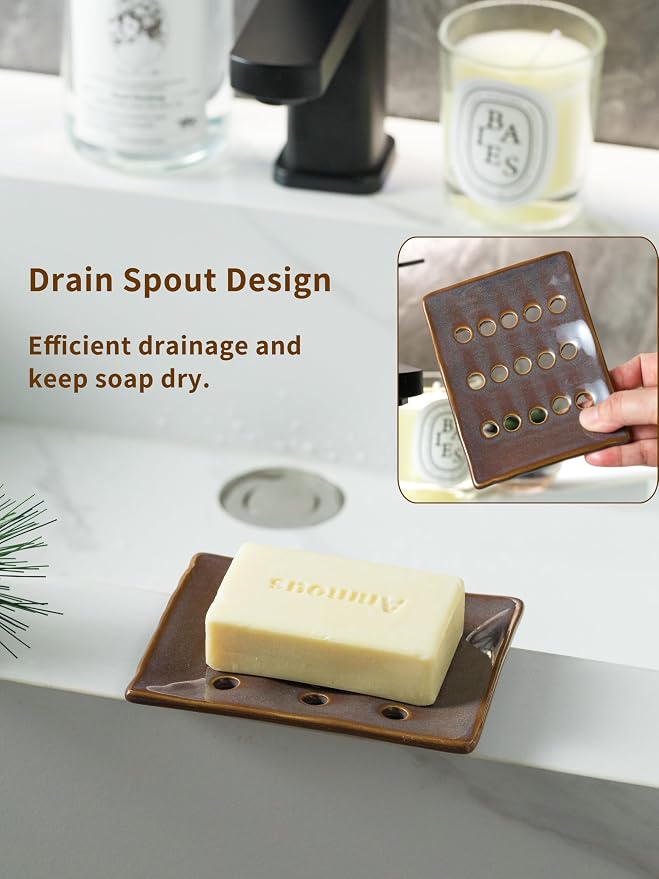 Soap Holder, Ceramic Soap Dish for Shower, Japanese Soap Tray with Self Drain for Sponges, Bath Tub, Bathroom, and Kitchen Sink, Purple