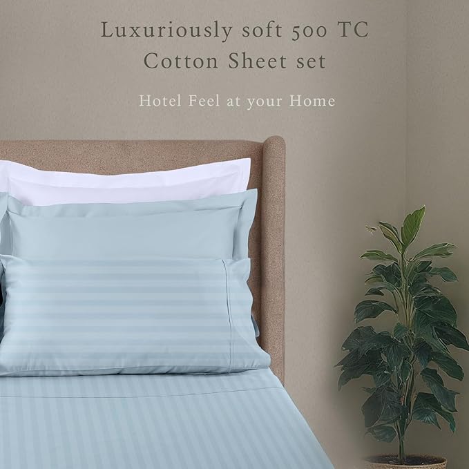 Threadmill 500 Thread Count Twin-XL Size Damask Stripe, 3 Pc Luxury Cotton Bed Sheet Set, Breathable Light Blue Sheets with 15" Elasticized Deep Pocket, 1 Pillowcase & Free Tote Bag