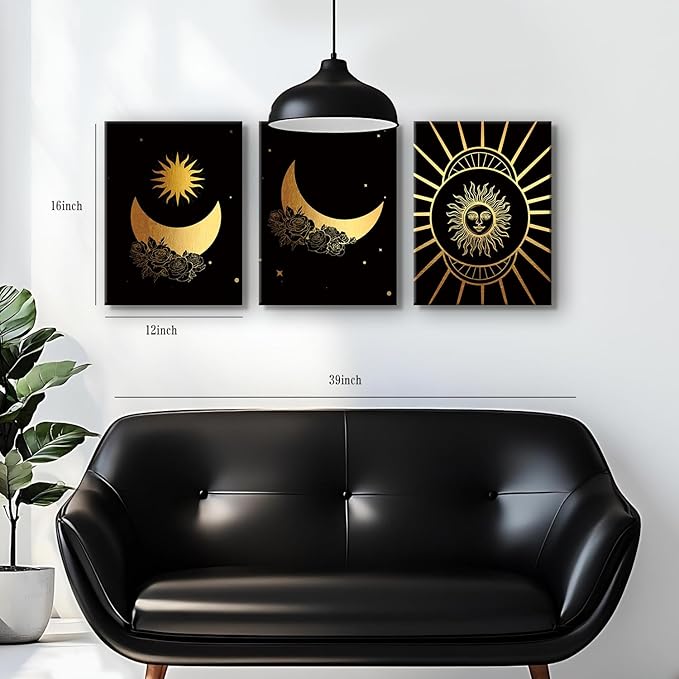 Tarot Canvas Wall Art Abstract Sun Moon Phases Floral Print Poster Black Gold Aesthetic Art Astrology Pictures Artwork Vintage Paintings Decor for Bedroom Living Room Home Decoration 12x16” Set of 3