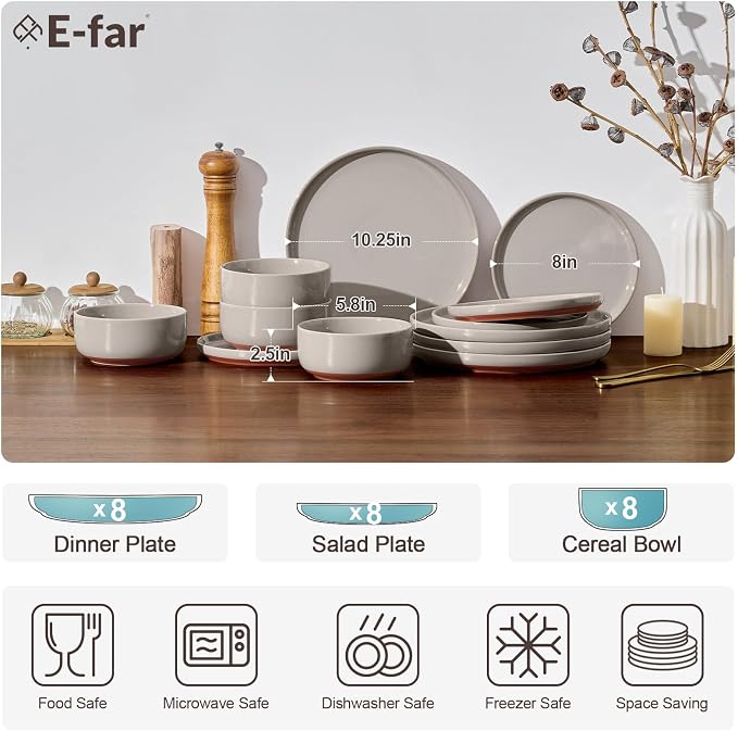 E-far 24-Piece Ceramic Dinnerware Sets, Plates and Bowls Sets for 8, Stoneware Dishware Dishes Set with Terracotta Base, Chip & Scratch Resistant, Microwave & Dishwasher Safe, Speckled Khaki