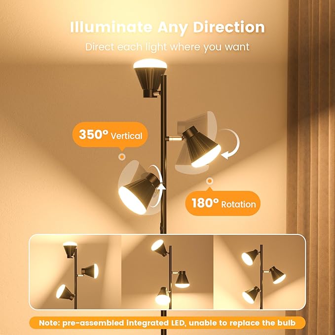 SIBRILLE 36W LED Tree Floor Lamp, Dimmable Tall Standing Lamp with Remote & Touch Control, 4 Color Temperatures Bright Floor Lamp, 3 Rotatable Light Modern Floor Lamps for Living Room Bedroom Office