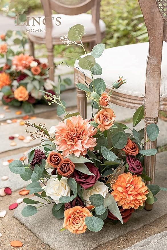 Ling's moment 22" Tall Fall Free Standing Artificial Flowers Arrangements 2 pcs Fall Wedding Aisle Runner Chair Decorations Fake Terracotta Arch Entryway Ceremony Reception Church Rose Floral Party