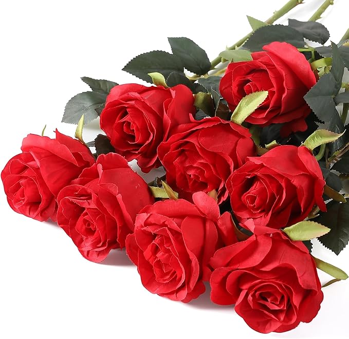 Kisflower 8 Pcs Red Roses Artificial Flowers with Stems Silk Roses Fake Rose Realistic Flower Bouquet for Wedding Party Office Home Decor (Red)