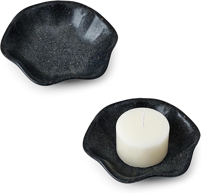 Koythin 2-Piece Ceramic Candle Holder, Aesthetics Candlestick Holders for Tea Lights, Lotus Leaf Shape Candle Stand for Mantle Table, Adorable Vintage Decor for Weddings Dining (Black)